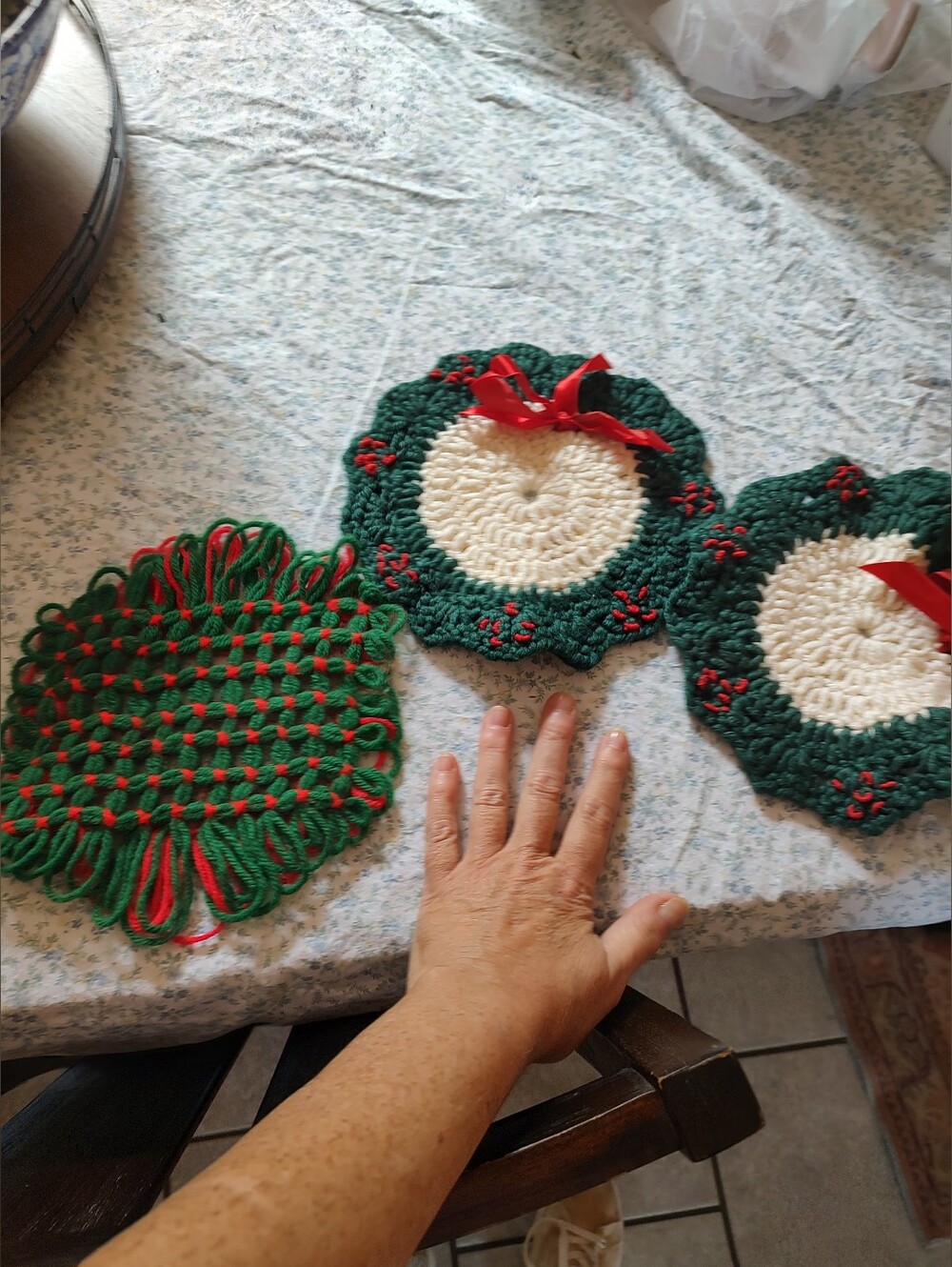 Handmade Green and White Crochet Kitschy Holiday Coasters Trivets - Home Accents